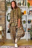 Nora Brushed Cotton Gingham Classic Barrel Pant Deep Olive